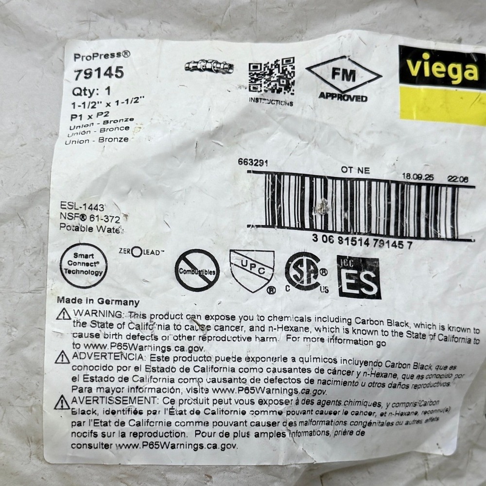 Viega ProPress 79145 1-1/2 Inch Bronze Union Zero Lead Potable Water Fitting